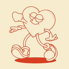 Heart mascot in retro groovy style. Valentine's Day vintage  heart character. February 14 vector
