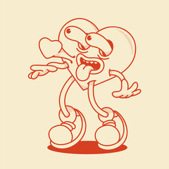 Heart mascot in retro groovy style. Valentine's Day vintage heart character crazy in love. February 14 vector
