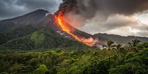 Erupting volcano sends lava and ash into the sky amidst lush green landscape