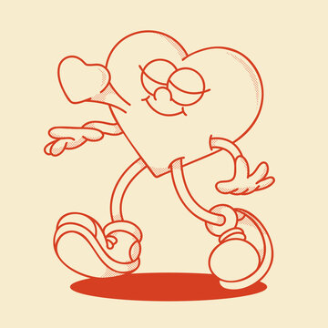 Heart mascot in retro groovy style. Valentine's Day vintage  heart character. February 14 vector