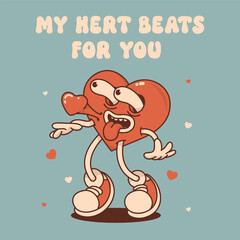 Heart mascot in retro groovy style. Valentine's Day vintage heart character crazy in love. February 14 vector