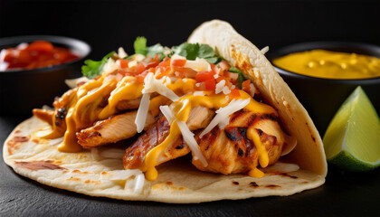 grilled chicken taco with cheese and sauces close up of a taco filled with grilled chicken shredded cheese and drizzled with yellow and red sauces