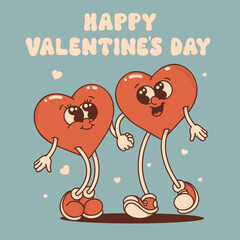 Heart mascot in retro groovy style. Valentine's Day vintage heart character crazy in love. February 14 vector