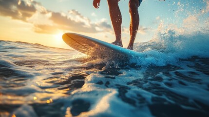 Surfer rides the ocean wave during sunny day. Extreme sport and active lifestyle concept