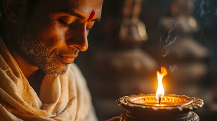Peaceful Man Meditates Candlelight Temple India