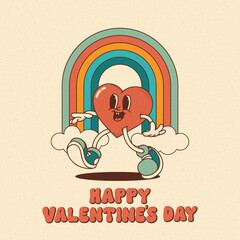 Heart mascot in retro groovy style. Valentine's Day vintage heart character crazy in love. Rainbow, clouds