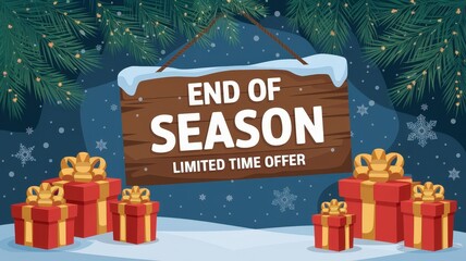 End of season sale sign with festive gifts and decorations
