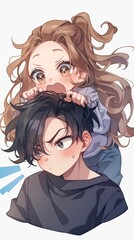Chibi-style artwork of a cute anime boy with black hair and brown eyes wearing a dark grey sweater, being punched in the face by a girl with long, curly light brown hair in a ponytail