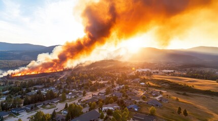 Fototapeta premium Cityscape contrasts dramatically with wildfires at sunset