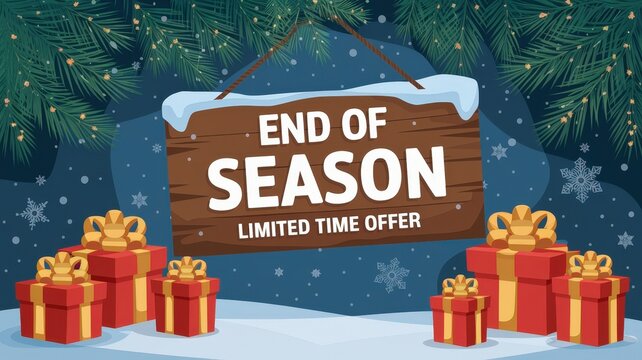 End of season sale sign with festive gifts and decorations