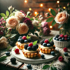 Obraz premium Mini fruit tarts filled with a creamy custard and topped with fresh forest berries