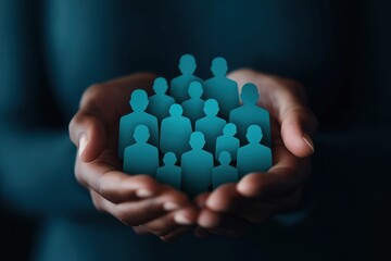 Hands gently hold teal human icons representing valuable team. Protecting employees shows care, retention within large organization. Importance of employee well-being, nurturing potential. Strategic