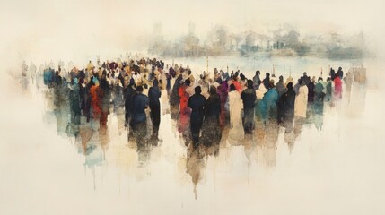 Obraz premium Watercolor of a dynamic worship gathering by the water, featuring liturgical elements like robes, incense, and candles. 