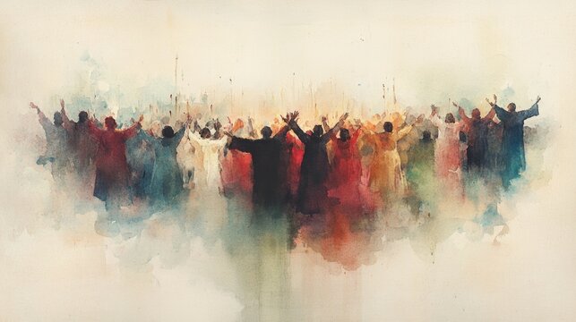 Faith-inspired artwork depicting a joyful congregation with robed choir, incense, and candles in a peaceful setting.
