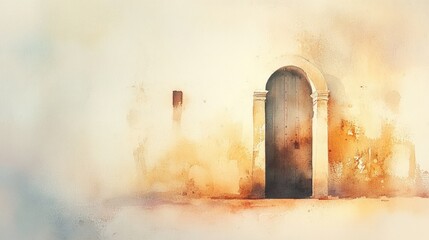 Watercolor of an arched church door in soft beige tones.
