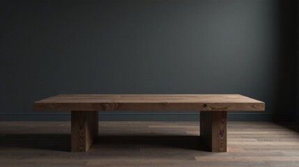 Rustic Wooden Coffee Table on Hardwood Floor Against a Dark Wall, Ideal for Interior Design Mockups and Product Displays