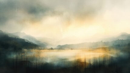 Obraz premium Watercolor of a sweeping landscape at dusk, with sunlight breaking through dark clouds. 