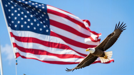 Bald eagle soaring against American flag background