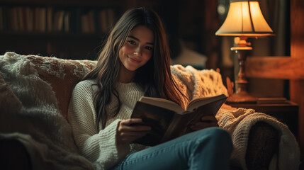 A young woman sits on the sofa at home, reading a book in a dimly lit room with a lamp. She is smiling and wearing a white sweater and jeans.