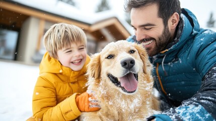 Joyful family moments playing in the snow with their cheerful dog