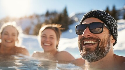 Obraz premium Relaxing moments in a hot spring after an adventurous day of skiing
