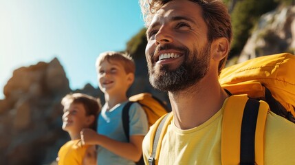 Exploring coastal cliffs with family on a sunny beach hike