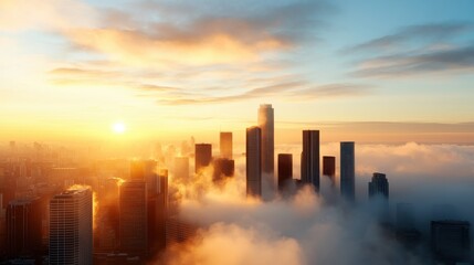 Fototapeta premium City skyline emerges through smog at sunrise showcasing air pollution impacts