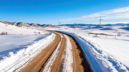 Obraz premium Vast winter landscape featuring wind turbines along a winding dirt road