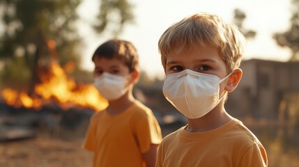 Children in protective masks during wildfire evacuation prepare for safety