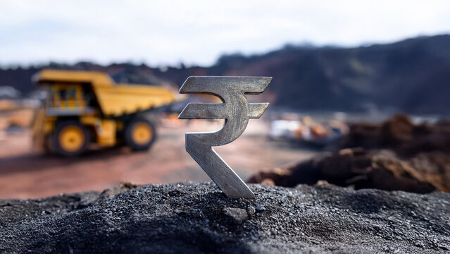Indian rupee symbol (INR); industrial mining site; 