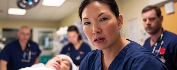 Emergency ward with doctors and nurses rushing to assist a critical patient, high-energy and focused environment
