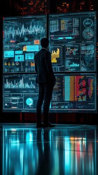 Businessman analyzes large digital displays showing complex data. Tech expert reviews risk management strategies. Modern corporate risk assessment, cyber security. Pro evaluating business data,
