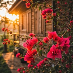 Sunrise illuminates vibrant bougainvillea flowers blooming near a rustic wooden house, creating a picturesque scene.