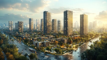 Obraz premium Panoramic view of modern cityscape with skyscrapers, green spaces, and roads at sunset.