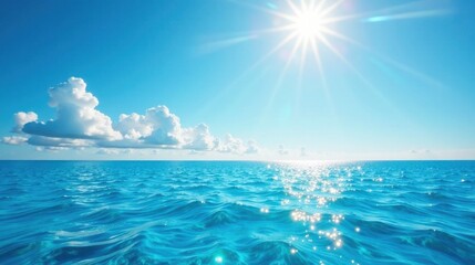 Obraz premium Serene Ocean Vista Sunlit Waves and Puffy Clouds on a Clear Blue Day