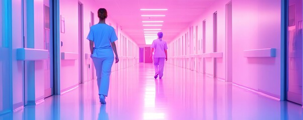 Hospital ward at night with dimmed lighting and nurses on patrol, quiet and serene atmosphere