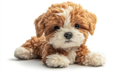 Adorable fluffy puppy with brown and white fur lying down