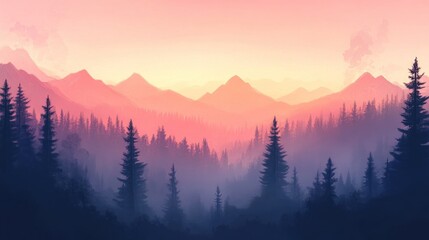 Obraz premium Pink sunset over misty mountain forest, scenic wallpaper