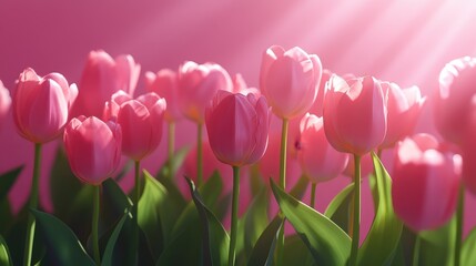 Sunlit pink tulips blossoming in vibrant garden setting