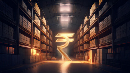Modern warehouse having Indian rupee symbol placed in center describing Indian digital rupee growth.