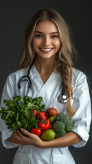 Photo of women's nutritionist, soft light, natural tone, white background, female dietitian image, rich details, clear visibility, photo realism, healthy lifestyle symbol.