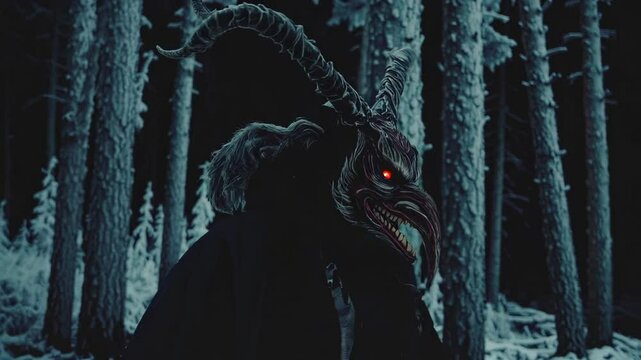 Dark and eerie depiction of Krampus, a horned mythical creature by moonlight
