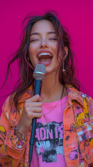 An attractive girl with a Latin appearance sings into a microphone.