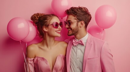 Young couple in matching pink outfits smiling with balloons