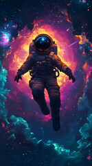 Fototapeta premium Astronaut floating in space with a deep navy-blue background. The scene features a breathtaking backdrop of swirling galaxies.