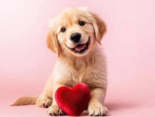 Adorable golden retriever puppy with heart plush on a soft surface for puppy love themes