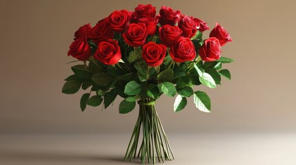 Vibrant bouquet of red roses with green leaves in soft light