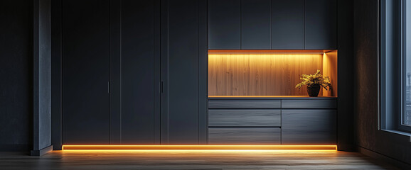 Dark gray wooden wardrobe with an open drawer and folded clothes