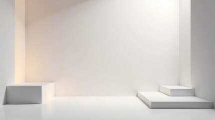 Fototapeta premium Clean Minimalist White Room Corner with Display Platforms and Subtle Lighting