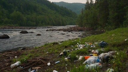 Plastic garbage on the mountain river bank. Garbage in nature, reusable products. Rubbish thrown in forest. Waste in nature. Ai Generative.